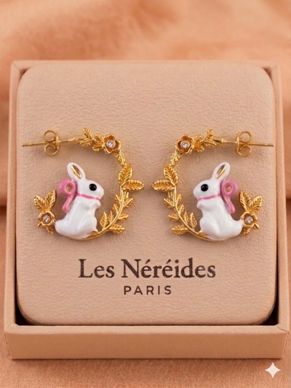 Les Néréides Bunny Rabbit Hoop Earrings Enamel Gold Floral Wreath Cute Paris